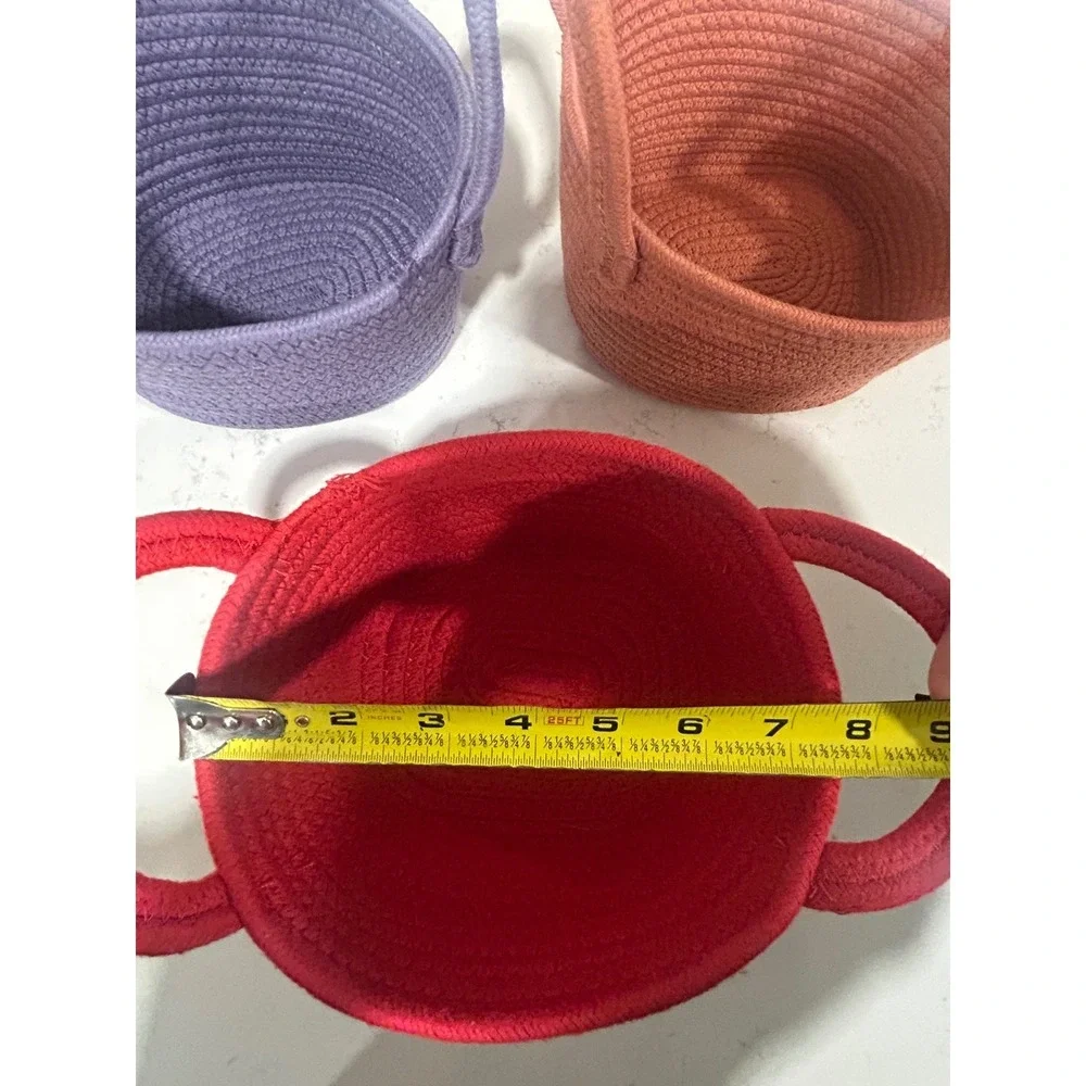 Set of 3 Woven Cotton Rope Baskets Small Oval Storage Bins w/ Handles Multicolor